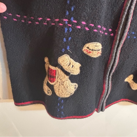 TABI INTERNATIONAL Sz XL Black Dog Pattern Cardigan Jacket Zipper 100% Wool - Picture 9 of 12